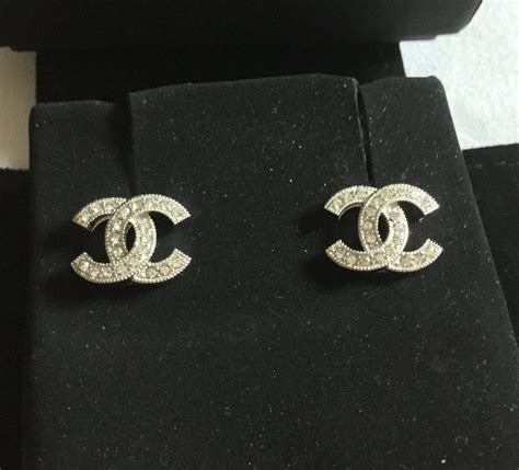 Authentic Chanel Vintage CC Logos Crystal Stud Silver Tone 